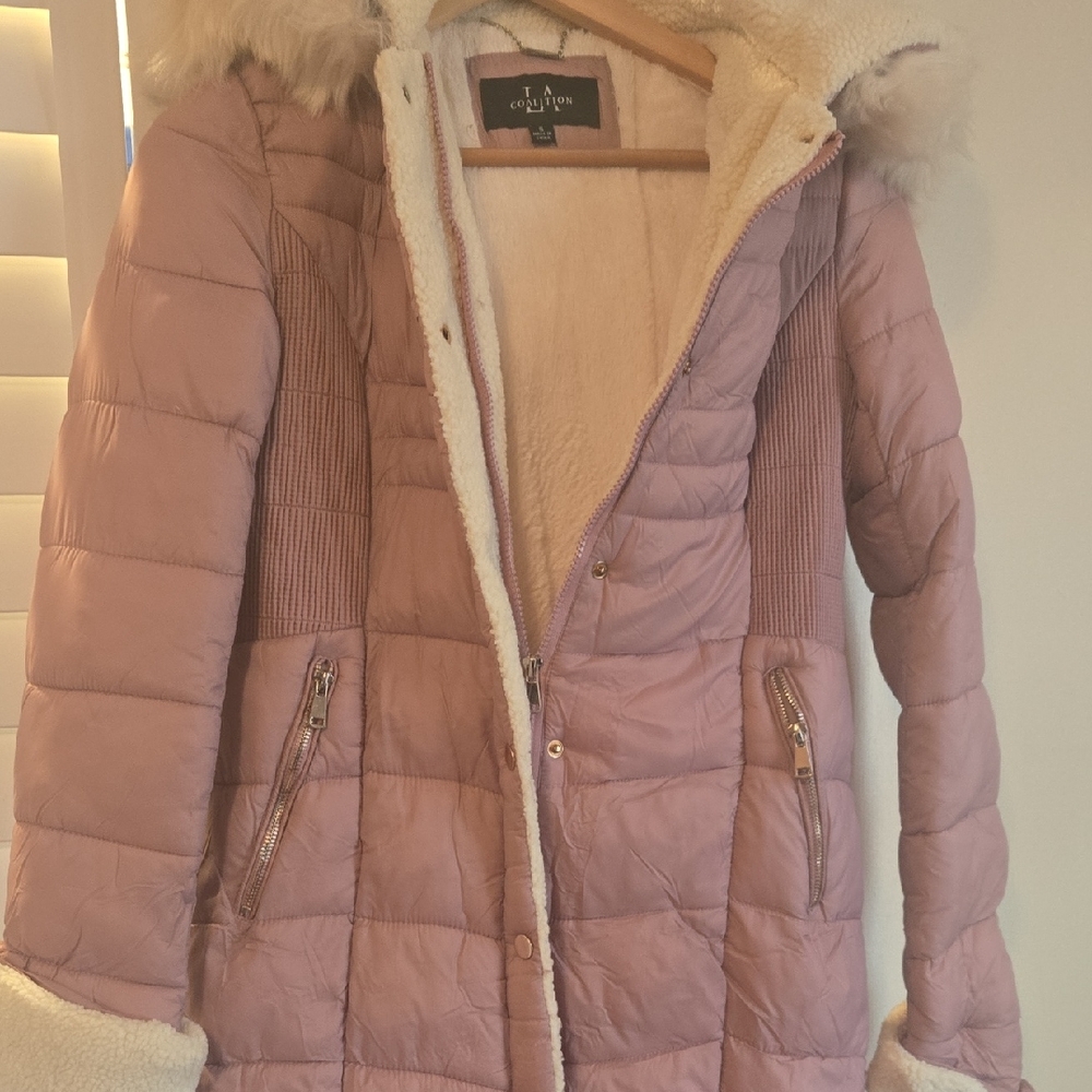 Calvin Klein Pink Puffer Jacket with Faux Fur Hood